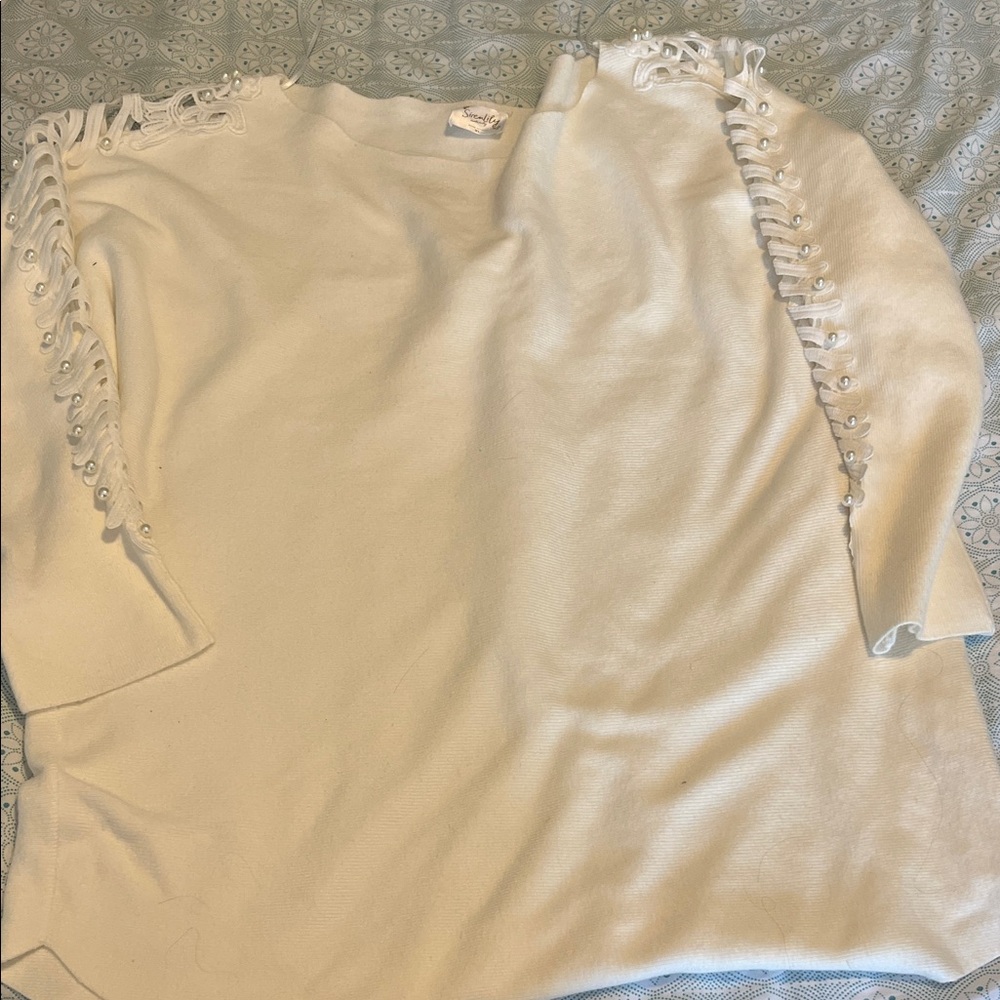 Siren Lily Cream Lace-Up Sleeve Scoop Neck Sweater